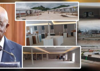 A collage of construction-site images and a man speaking at a podium at an official event, with buildings and interior renovations shown in progress.
