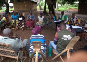 Members of the AHWEHDE Farmers Association meet with ActionAid Liberia’s assessment team during the SADFONS project impact review in Dougee Town, Grand Gedeh County.