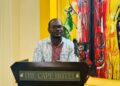 Dominic T. Johns, Team Lead of Champions for Change, delivers remarks at the Liberia National Forest Forum 2025 at the Cape Hotel in Monrovia.