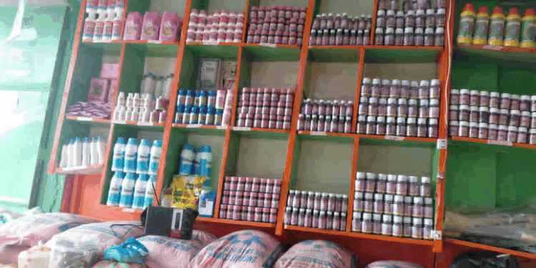 Shelves of seeds, farm chemicals, and feed supplies displayed at Agro Power’s new outlet in Kakata.