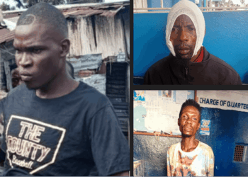Three men photographed individually, identified as suspects detained following an attack on a neighborhood watch patrol team