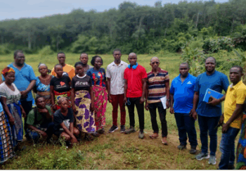 ActionAid Liberia and GAFSP assessment team with local farmers during a SADFONS impact review visit at the 21st Century Rice and Vegetable Cooperative in Montserrado.