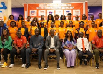 LFA President Mustapha Raji and participants pose after the women’s match commissioners capacity-building workshop in Congo Town.