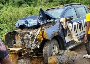 Damaged pickup truck involved in a highway crash, alongside two separate photos of adults