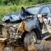 Damaged pickup truck involved in a highway crash, alongside two separate photos of adults