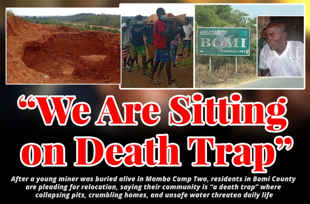 Residents in Mambo Camp Two, Bomi County, Liberia, stand near unstable mining pits as they call for urgent relocation due to collapsing homes and unsafe water.