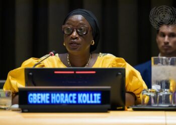A woman in formal attire speaking at a panel in a conference setting, seated behind a microphone and nameplate, with other attendees visible in the background.