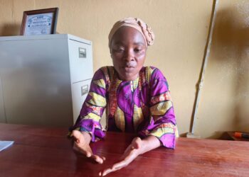 A woman seated at a desk indoors speaking with expressive hand gestures.
