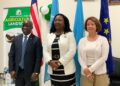 Agriculture Minister Dr. Alexander Nuetah, IFAD Country Representative Pascaline Barankeba, and EU Ambassador Nona Deprez at the launch of Liberia’s €5 million soil restoration and climate-smart farming project in Monrovia.