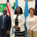 Agriculture Minister Dr. Alexander Nuetah, IFAD Country Representative Pascaline Barankeba, and EU Ambassador Nona Deprez at the launch of Liberia’s €5 million soil restoration and climate-smart farming project in Monrovia.