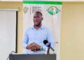 Harold Aidoo of Integrity Watch Liberia speaks during a budget oversight training for lawmakers in Monrovia.