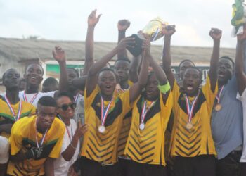 Mount Zion Christian Academy players celebrate winning football and kickball championships at the inaugural “Who Owns 72nd” tournament in Monrovia.