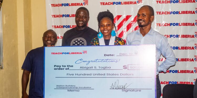 Abigail S. Togba, winner of Teach For Liberia’s social entrepreneurship competition, presenting her venture Revive Wear Liberia.
