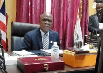 Sen. Numene T. H. Bartekwa speaks during a Capitol Building press conference calling for royalty payments and community benefits from sand and rock mining operators.