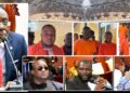 Composite graphic showing courtroom scenes and defendants in orange uniforms around the burning Capitol Building, highlighting allegations of coercion in Liberia’s arson trial.