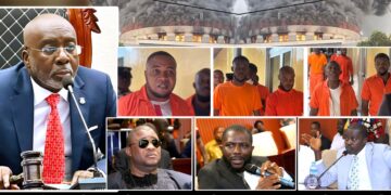 Composite graphic showing courtroom scenes and defendants in orange uniforms around the burning Capitol Building, highlighting allegations of coercion in Liberia’s arson trial.