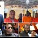 Composite graphic showing courtroom scenes and defendants in orange uniforms around the burning Capitol Building, highlighting allegations of coercion in Liberia’s arson trial.