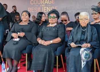 Liberian First Lady, former President Sirleaf, and Jewel Howard-Taylor seated at the state funeral of Ghana’s former First Lady Nana Konadu Agyeman-Rawlings