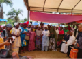 Leymah Gbowee and community members attend the dedication of the new Sisters Place Girls’ Empowerment Center dormitory in Melekie Town, Bong County