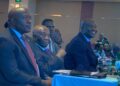 Liberian officials, including President Joseph Boakai and Central Bank executives, seated during the launch ceremony of the Pay Na-Na instant payment system.