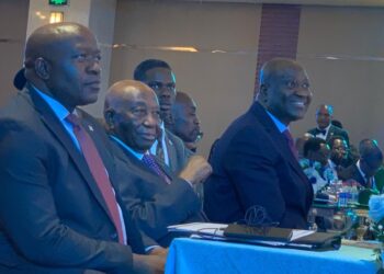 Liberian officials, including President Joseph Boakai and Central Bank executives, seated during the launch ceremony of the Pay Na-Na instant payment system.