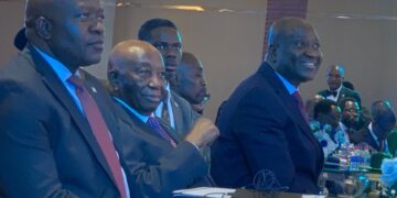 Liberian officials, including President Joseph Boakai and Central Bank executives, seated during the launch ceremony of the Pay Na-Na instant payment system.