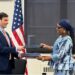 Liberia’s Foreign Minister Sara Beysolow Nyanti and U.S. Under Secretary Jeremy Lewin exchange signed documents during the US$124M health cooperation agreement ceremony in Washington, D.C