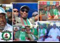 Collage of Rep. Thomas Pangar Fallah at the Unity Party’s $2.5 million headquarters fundraiser, shown with party officials and supporters in Monrovia