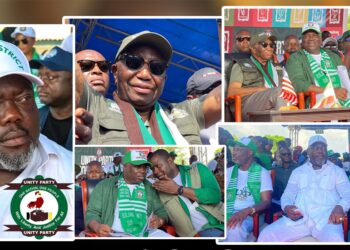 Collage of Rep. Thomas Pangar Fallah at the Unity Party’s $2.5 million headquarters fundraiser, shown with party officials and supporters in Monrovia