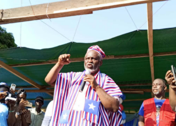 Senator Nathaniel McGill addresses CDC supporters in Gbarnga as he declares former President George Weah obligated to run in the 2029 elections