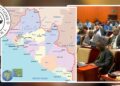 Liberia’s National Legislature, a Liberia map, and lawmakers in session during debate over adding 14 new legislative seats.