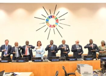 African ministers at the 2025 Sector Ministers’ Meeting in Madrid raising joined hands in solidarity as they endorse the High-Level Leaders Compact for climate-resilient water and sanitation systems.