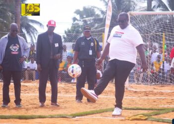 Youth and Sports Minister Jerror Cole Bangalu kicks off the 2025–26 National County Sports Meet at Martha Tubman Stadium in Harper City, Maryland County.