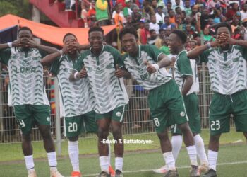 Grand Bassa County players celebrate during their 2–0 victory in a decisive Group C match at the 2025–26 National County Sports Meet.
