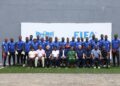 Group photo of 22 Liberian goalkeeper coaches and FIFA instructors at the LFA headquarters during the Elite Youth Goalkeeper Workshop.