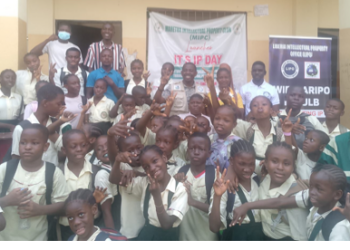 Students and staff of Maretha International Preparatory School pose during the launch of Intellectual Property Day aimed at promoting awareness of intellectual property rights