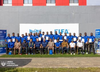 Group photo of LFA and FIFA instructors with 23 goalkeeper coaches at the conclusion of the Elite Youth Goalkeeper Coaches Workshop in Monrovia