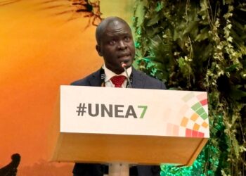 EPA Executive Director Dr. Emmanuel Urey Yarkpawolo delivers Liberia’s national statement at UNEA-7 in Nairobi, calling for bold global environmental action.