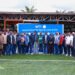 Liberia Football Association officials, local leaders, and partners pose during the inauguration ceremony of the new artificial football pitch in Sanniquellie, Nimba County.