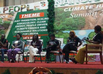 Panelists speaking during Liberia’s 2025 National People’s Climate Justice Summit at the Ministerial Complex in Monrovia.
