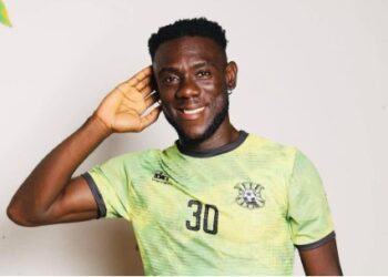 FC Fassell goalkeeper Ameh Savage poses during a photoshoot as the club’s players dominate the Liberia Football Association First Division MVP nominations.