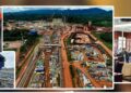 Graphic showing ArcelorMittal mining site aerial view, AML workers, company logo and Liberia Senate chamber after deal approval
