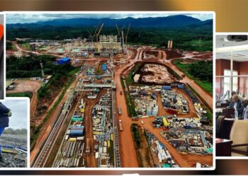 Graphic showing ArcelorMittal mining site aerial view, AML workers, company logo and Liberia Senate chamber after deal approval