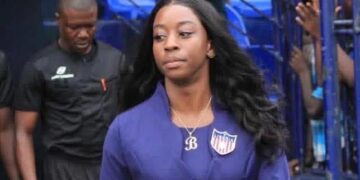 Benita Whitney Urey arrives at football venue during Shaita Angels FC match