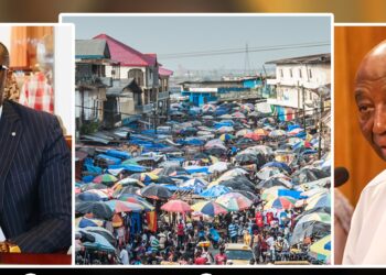 A collage of Amara Konneh, a market and president Joseph Boakai