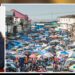 A collage of Amara Konneh, a market and president Joseph Boakai