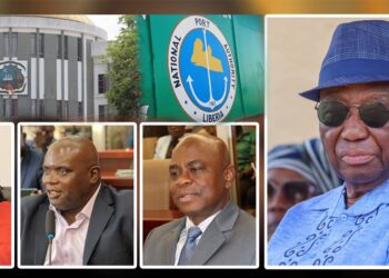 Composite image showing Liberia’s Capitol Building, port authorities, and senior political figures amid port law controversy