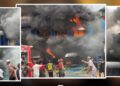 Collage shows flames and heavy smoke at Prima Mattress Store fire in Red Light’s Parker Paint community, Montserrado County