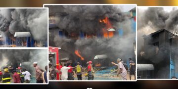 Collage shows flames and heavy smoke at Prima Mattress Store fire in Red Light’s Parker Paint community, Montserrado County