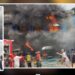 Collage shows flames and heavy smoke at Prima Mattress Store fire in Red Light’s Parker Paint community, Montserrado County